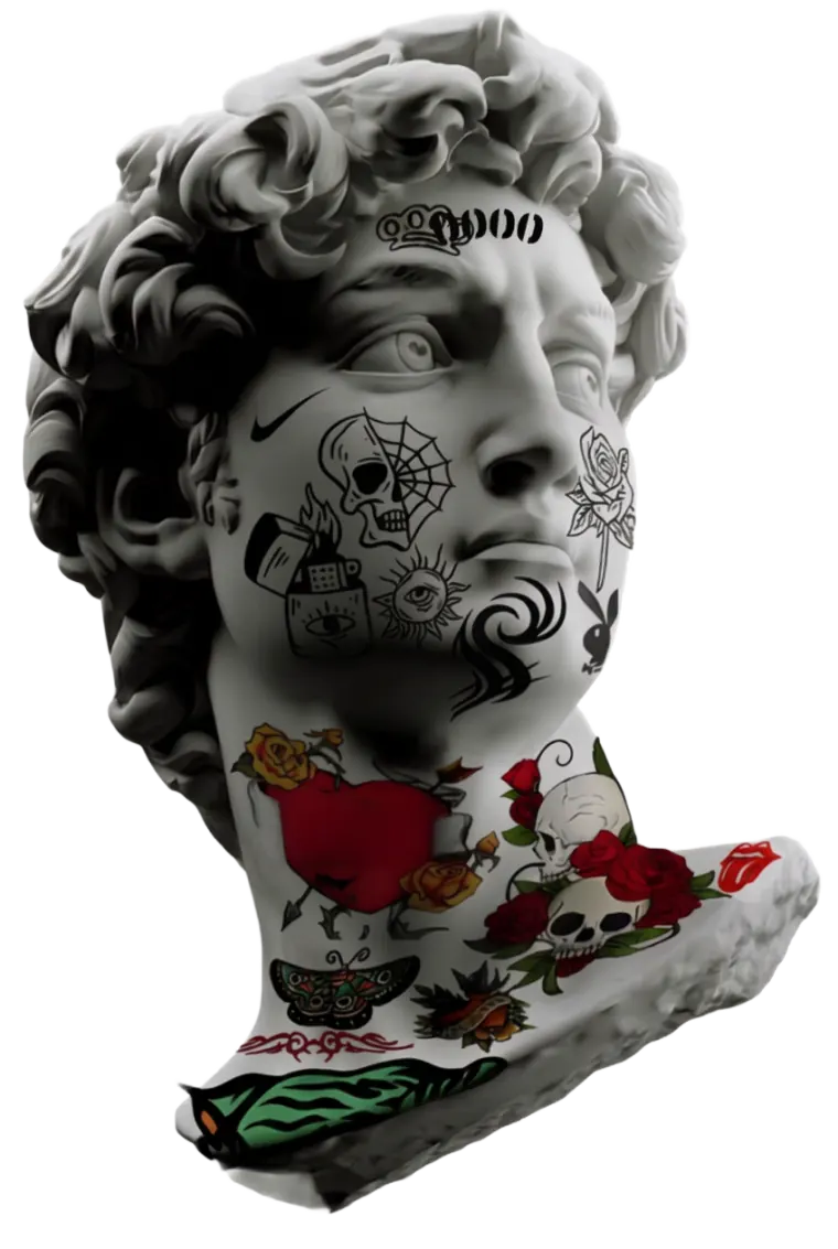 Marble bust of David decorated head to shoulder in classic tattoo flash artwork